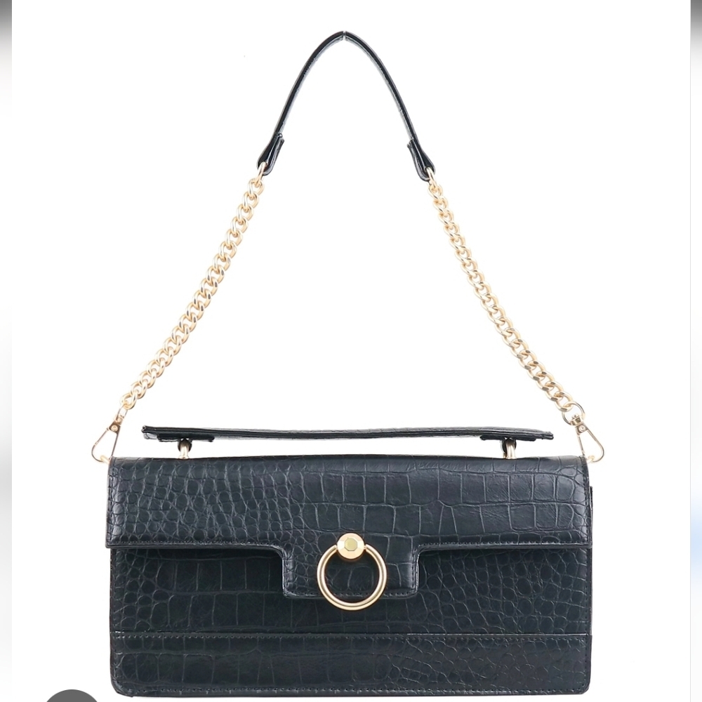 NWT Jessica Simpson Brooke Black Croc-Embossed Shoulder/Hand Bag